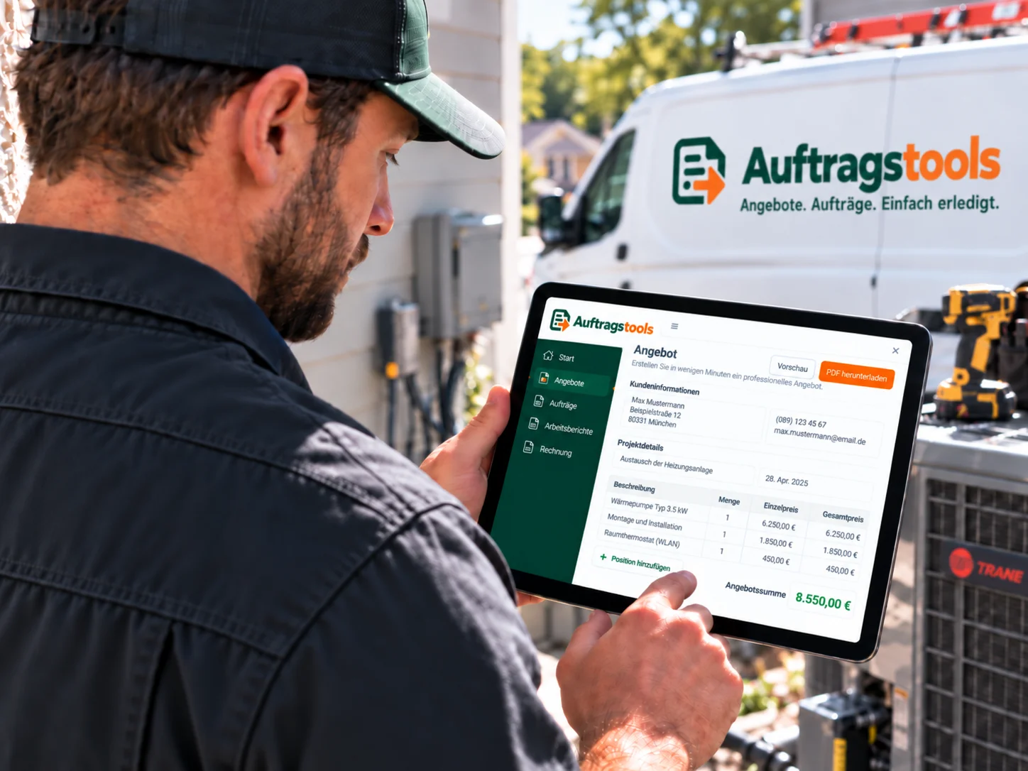 Ein Handwerker erstellt vor seinem Servicefahrzeug ein Angebot auf dem Tablet.